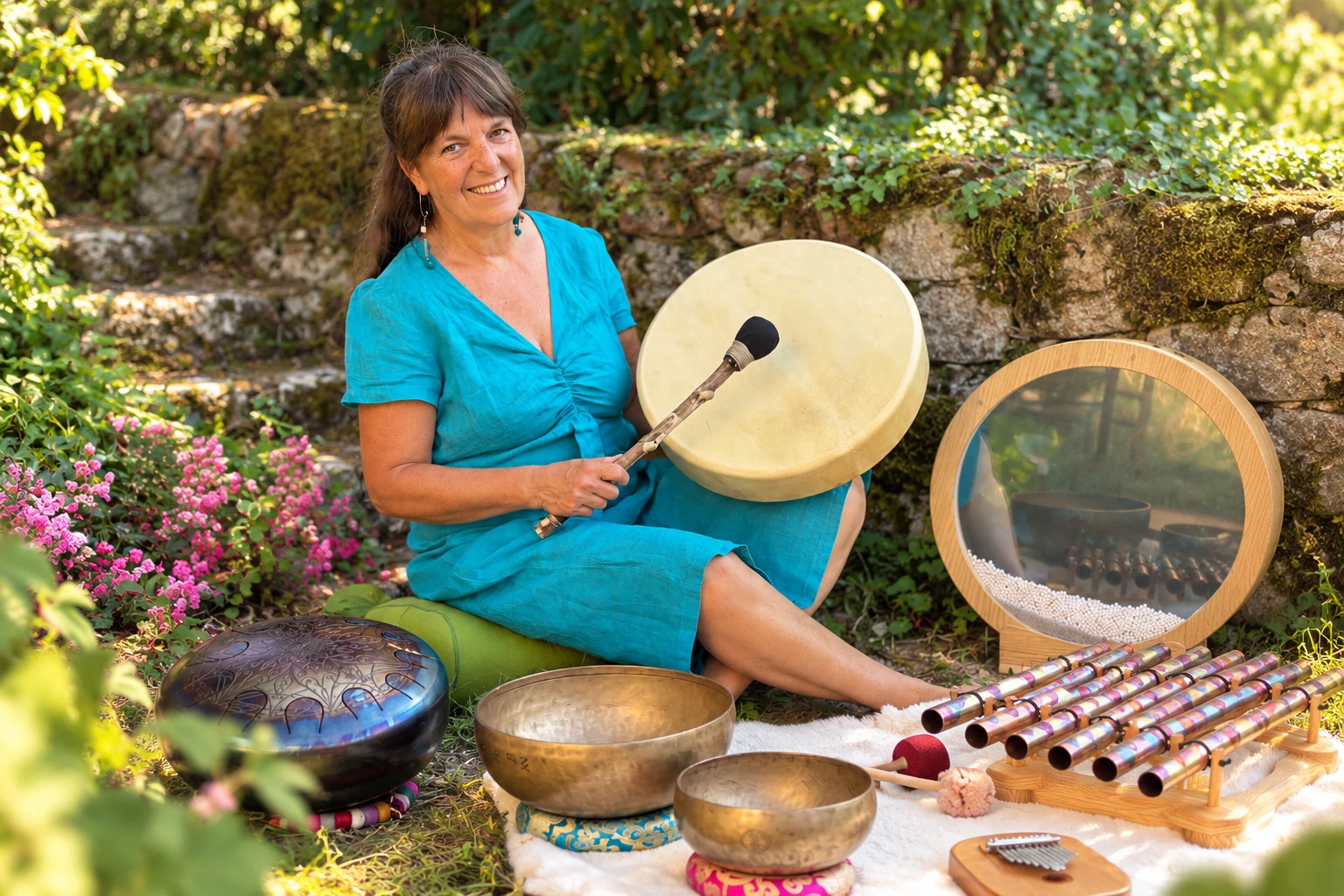 Gabrielle Magand, sonothérapeute certifiée à Soleymieux, au tambour chamanique dans un jardin, entourée de bols chantants, d'un tongue drum et de carillons